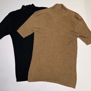 Glitter Mock Neck Bundle - 2 Vintage Metallic Short Sleeve Sweaters Sz M
